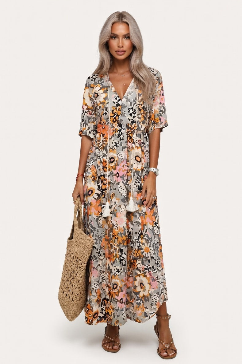 Printed V-Neck Midi Dress — Camel