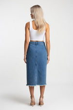 Raw Edge Denim Skirt with Slit — back view