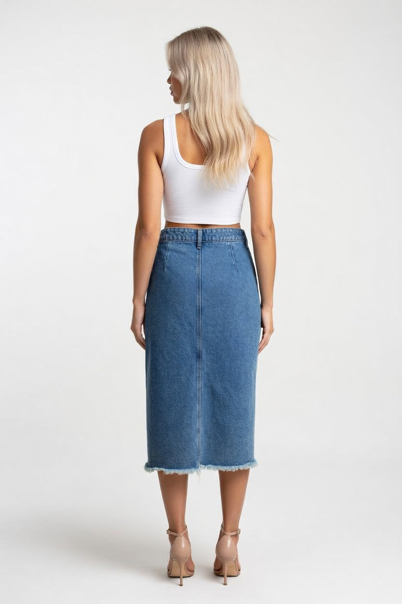Raw Edge Denim Skirt with Slit — back view