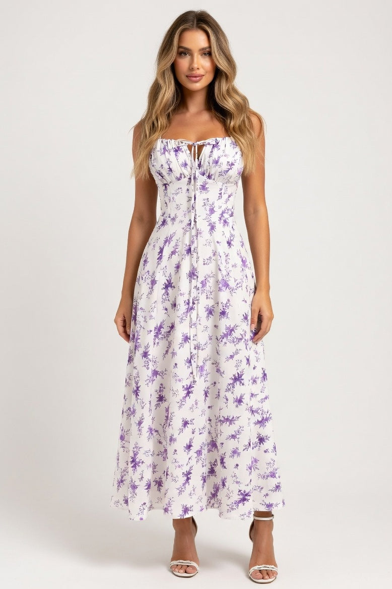 Printed Strappy Midi Dress — Purple Print