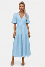 Deep V Puff Sleeve Maxi Dress — Sky Blue
