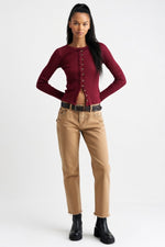 Ribbed Button Cardigan — Burgundy