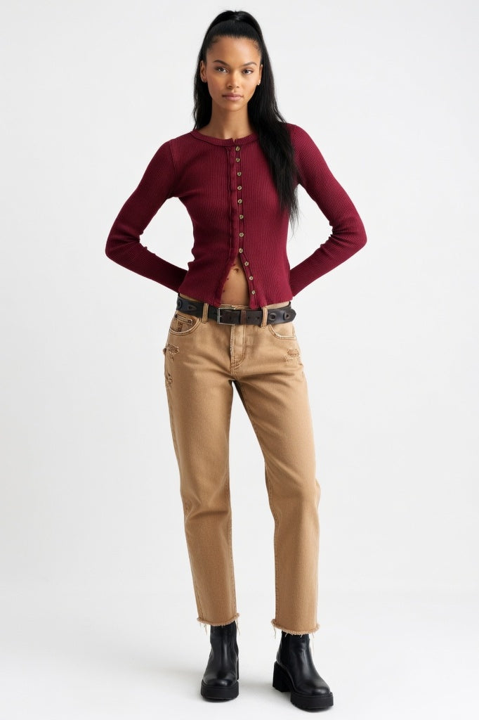 Ribbed Button Cardigan — Burgundy