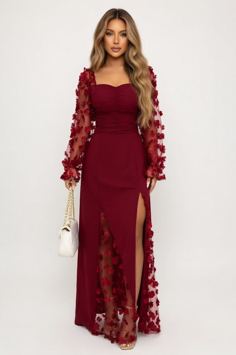 Long Sleeve Midi Dress — Burgundy