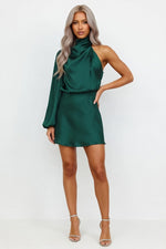 One-Shoulder Satin Midi Dress — Dark Green