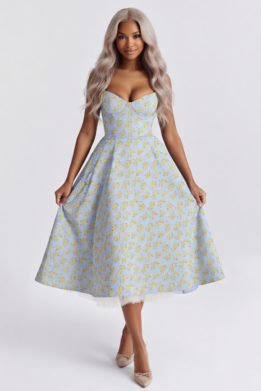 Mesh Double Layer Halter Dress — Blue Yellow Floral
