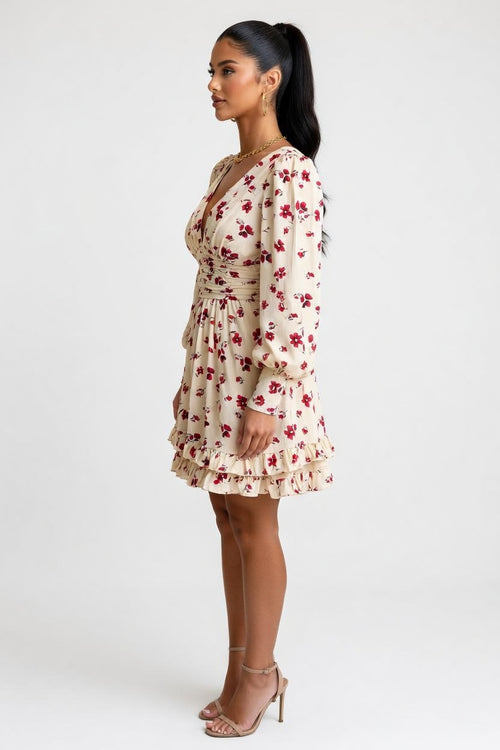 Printed Pleated V-Neck Dress — side view