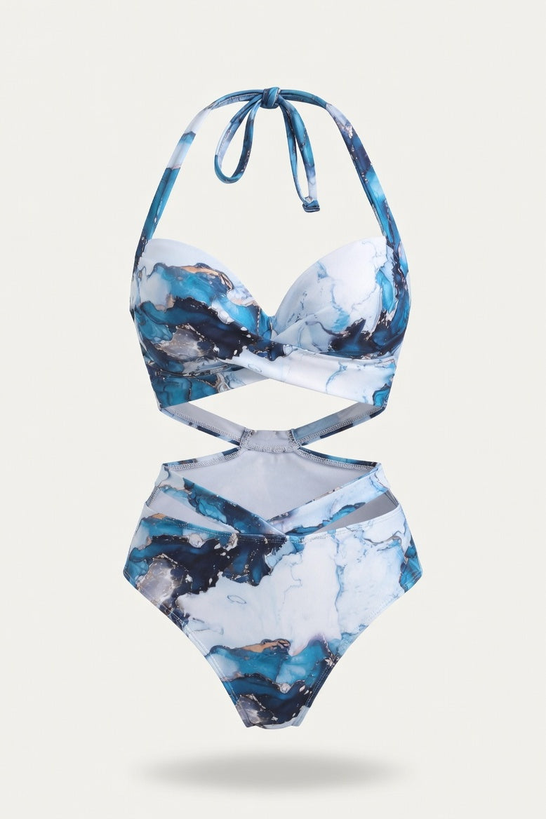 Printed High Waist Bikini Set — Blue Marble