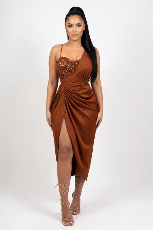 Sequin One-Shoulder Maxi Dress — Brown