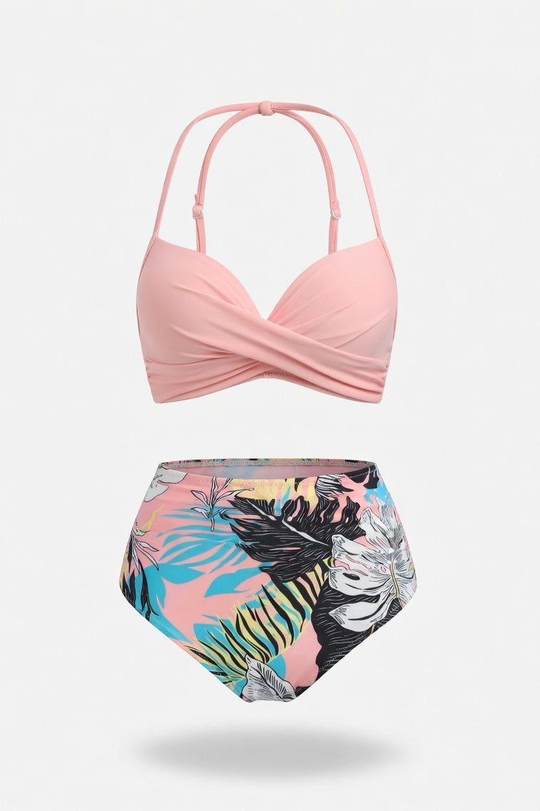High Waist Split Bikini Set — Shrimp Pink Floral