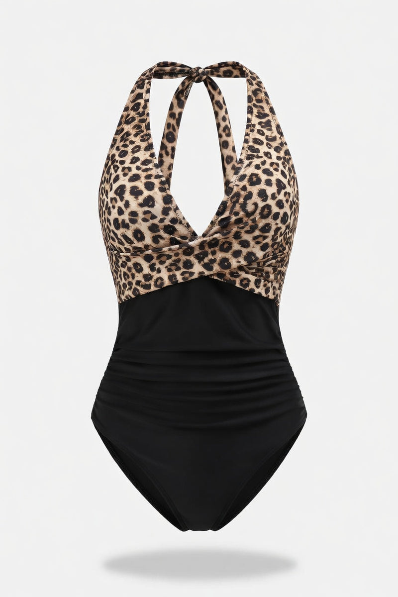 Cross Back Colour Block Swimsuit — Black Floral