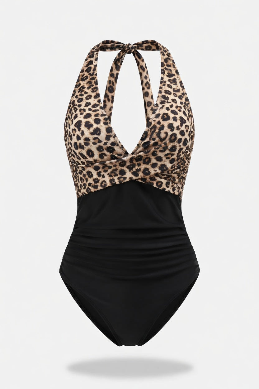 Cross Back Colour Block Swimsuit — Black Floral