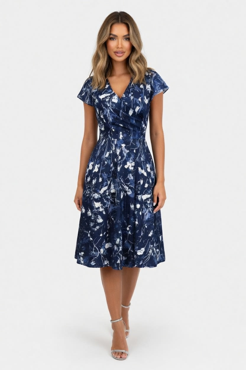 Printed Round Neck Pocket Dress — Purple Blue