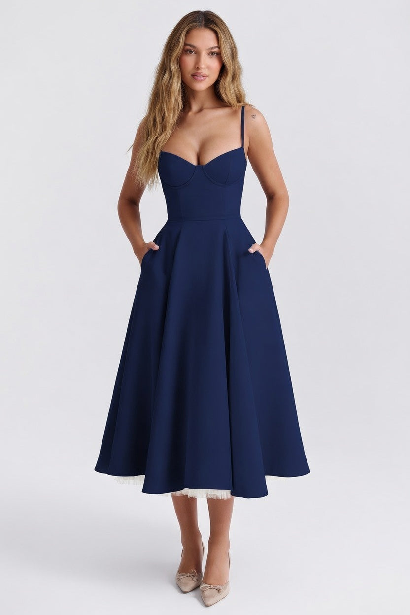 Mesh Double Layer Halter Dress — Navy Blue