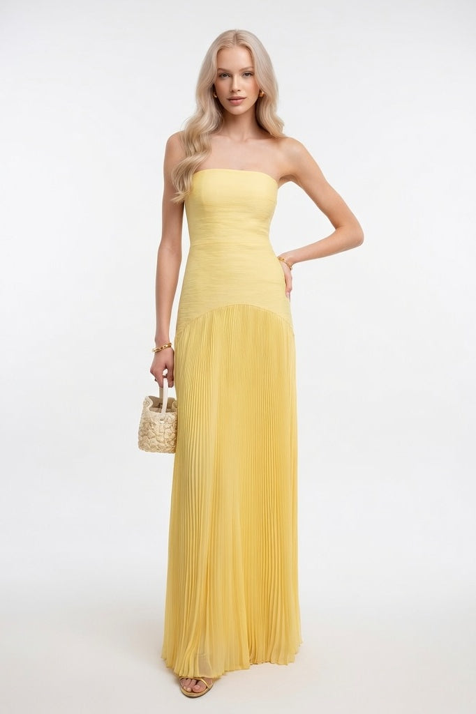 Striped Tube Top Pleated Dress — Yellow