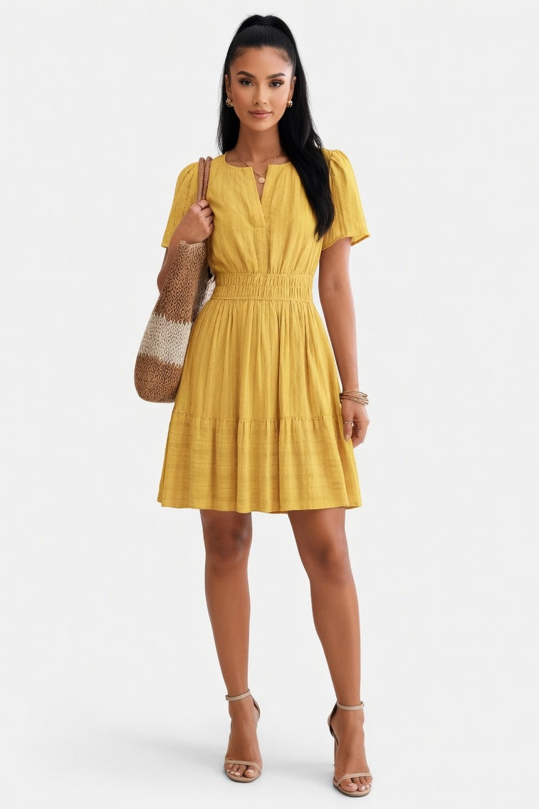 V-Neck Pleated Swing Dress — Yellow