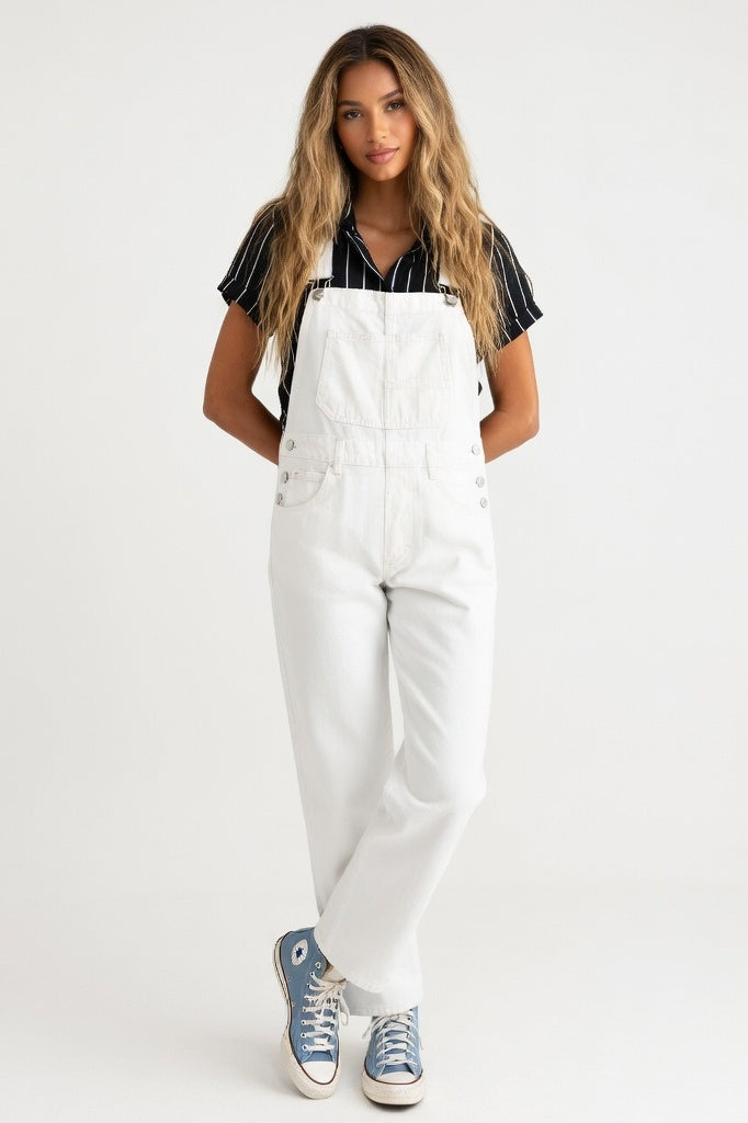 Washed Denim Overalls — White