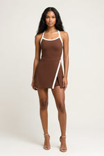 Backless Slit Mini Dress with Contrast Shorts — Coffee Brown