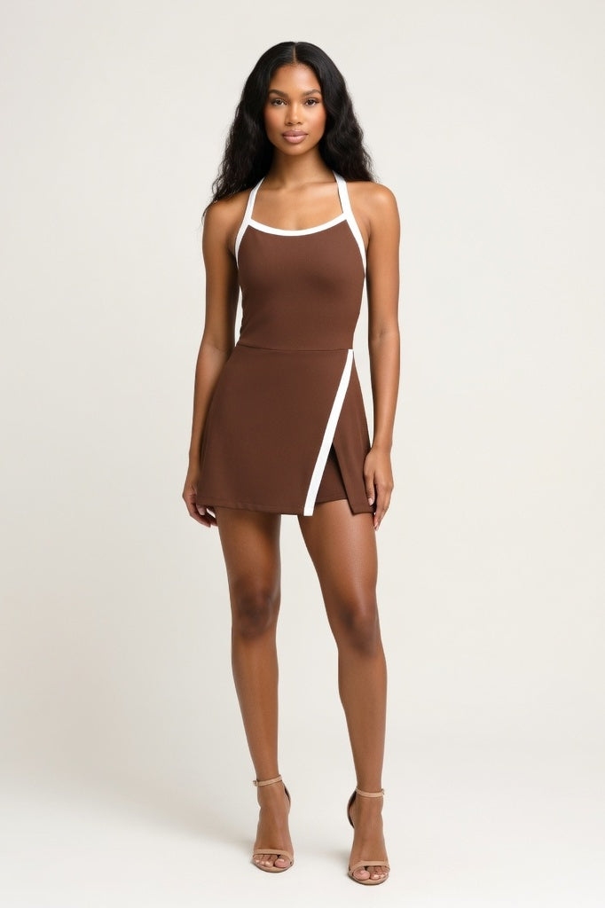 Backless Slit Mini Dress with Contrast Shorts — Coffee Brown
