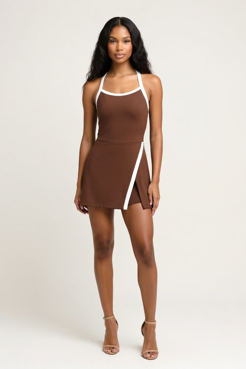 Backless Slit Mini Dress with Contrast Shorts — Coffee Brown