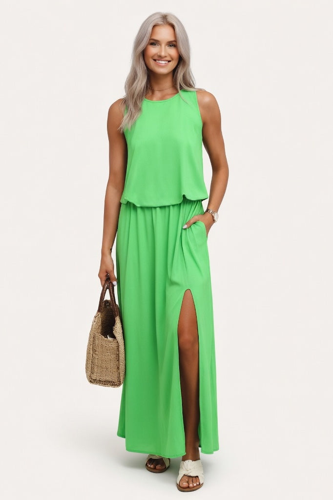 Halter Split Midi Dress — Grass Green