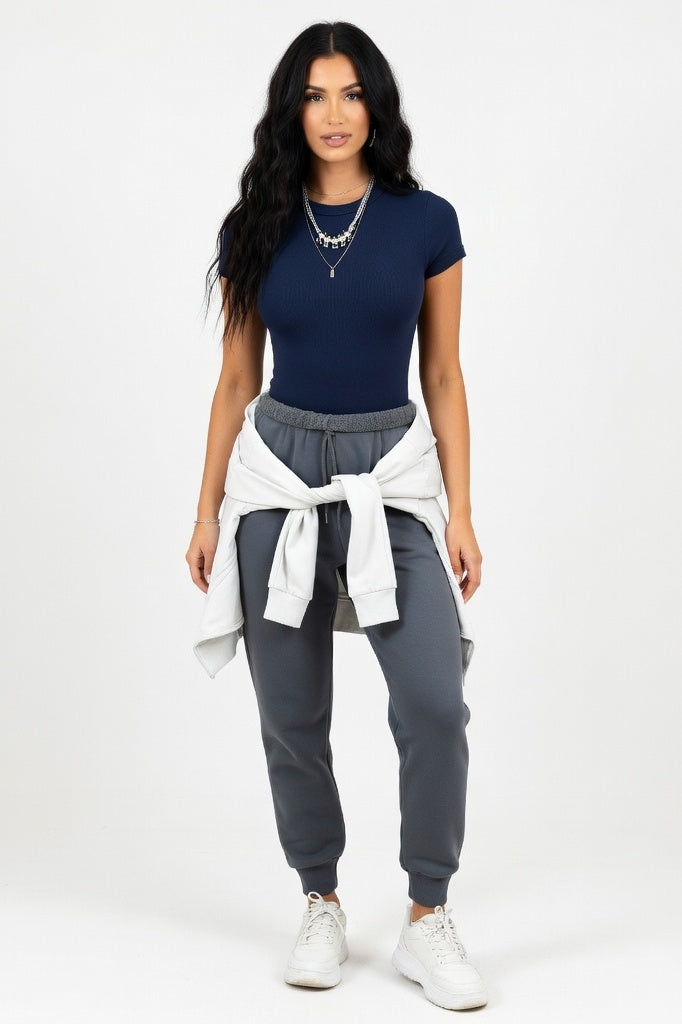 Ribbed Off-Shoulder Top — Navy Blue