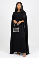 Mesh Panel Satin Dress — Black