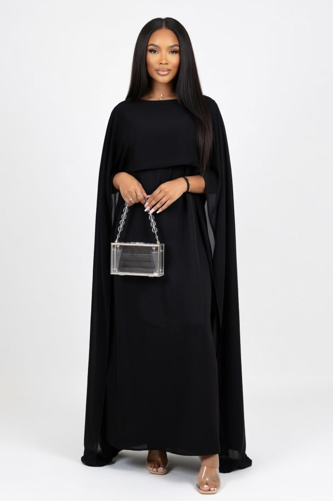 Mesh Panel Satin Dress — Black