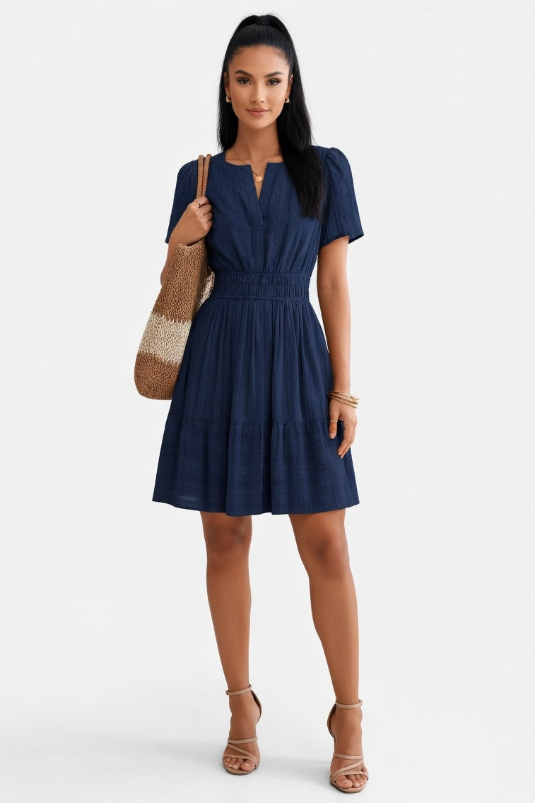 V-Neck Pleated Swing Dress — Navy Blue