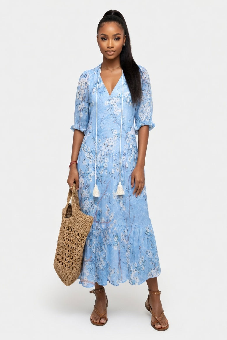V-Neck Printed Mid-Sleeve Dress — Light Blue