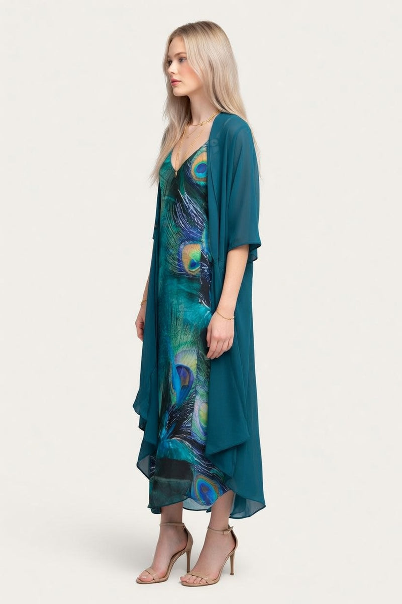Feather Print Cami Dress with Chiffon Cardigan Set — side view