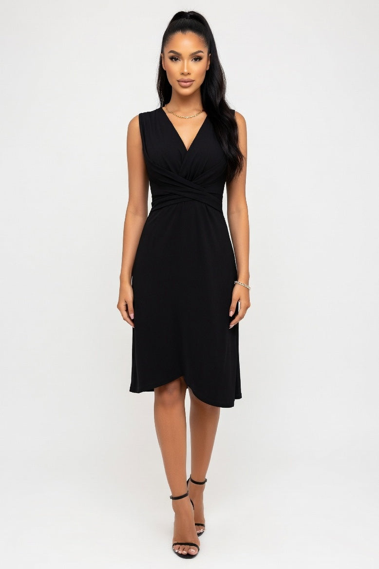 V-Neck Wrap Midi Dress — Black