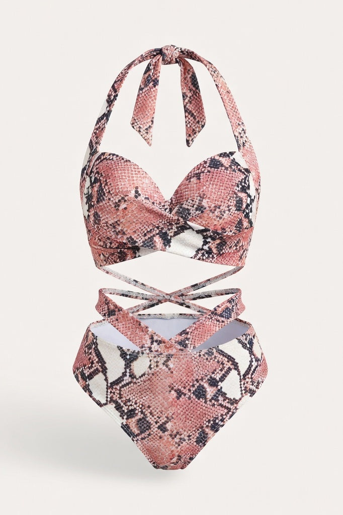 Printed High Waist Bikini Set — Red Marble