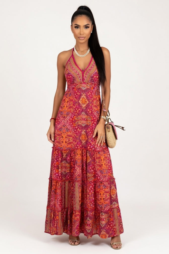 V-Neck Floral Print Maxi Dress — Red