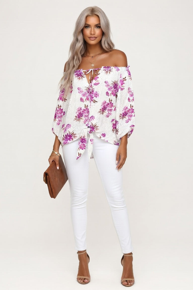 Off-Shoulder Lantern Sleeve Top — Rose Red