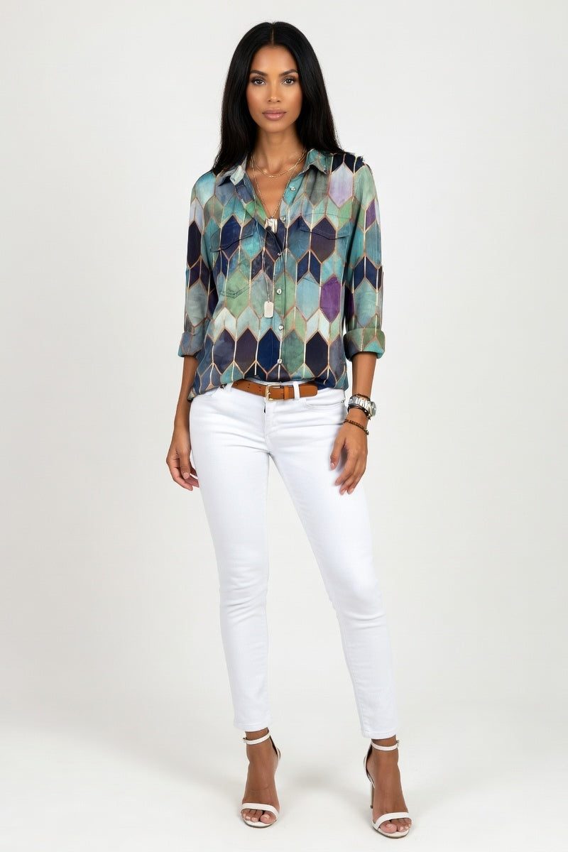 Printed Shirt Lapel Top — Green