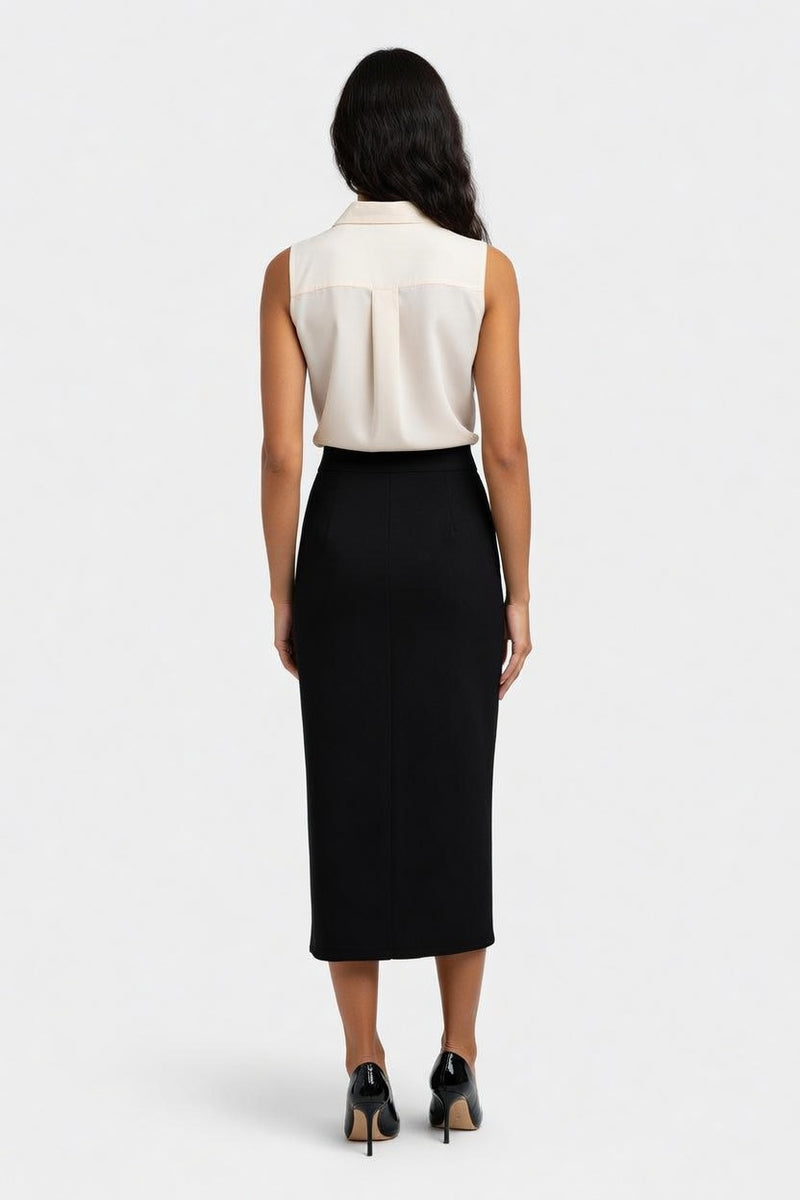 Stretch Midi Skirt with Side Slit — back view
