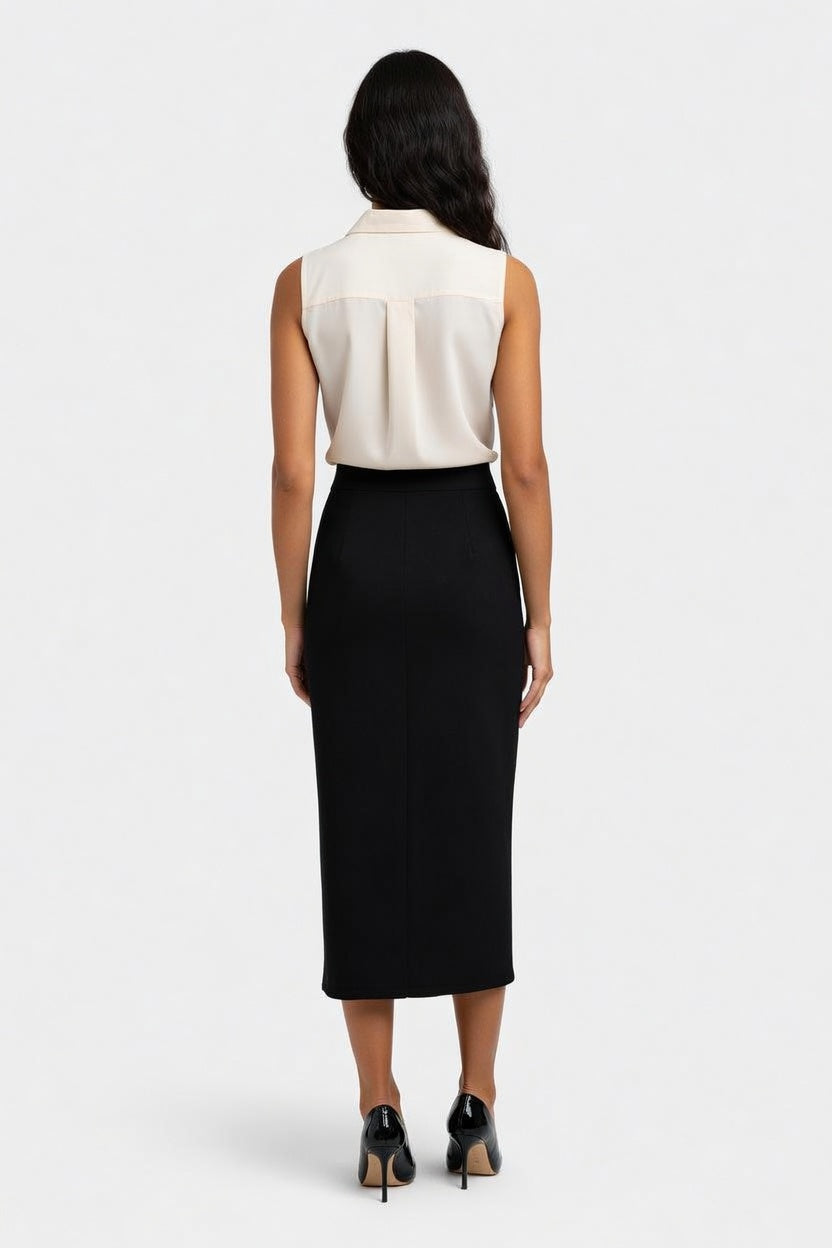 Stretch Midi Skirt with Side Slit — back view