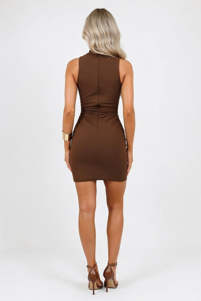 Mock Neck Pleated Mini Dress — back view