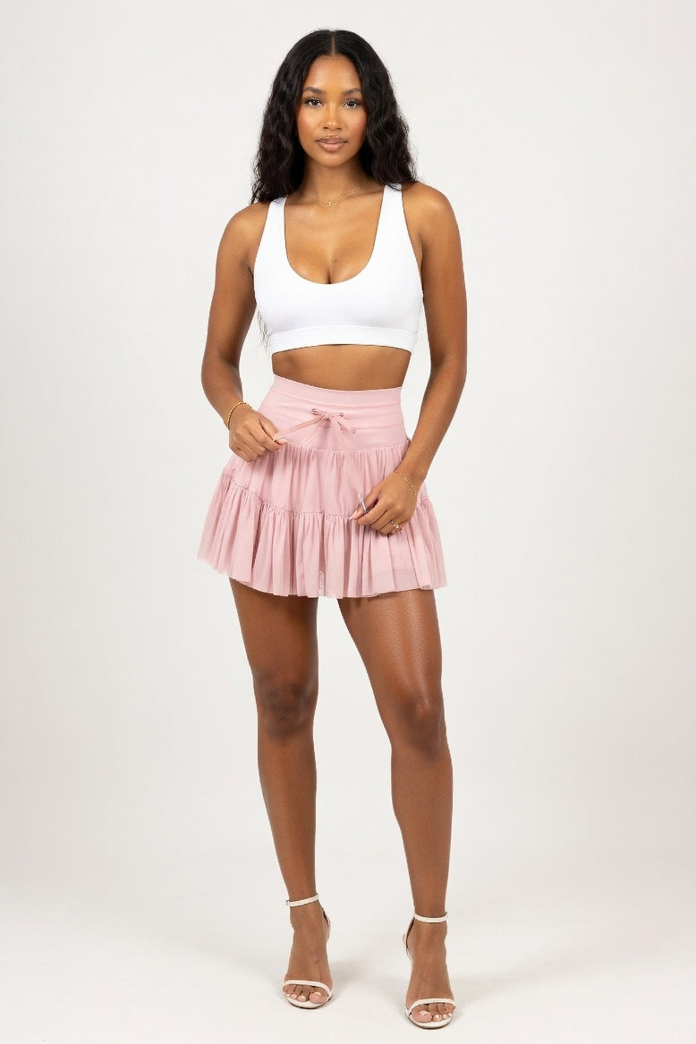 High-Waist Lace-Up Mesh Pleated Mini Skirt — Dark Pink