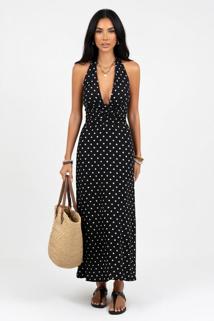 Halter Polka Dot Mini Dress — Black