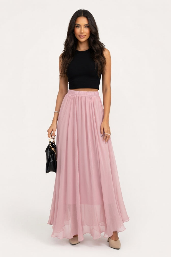 Chiffon High-Waist Maxi Skirt — Light Pink