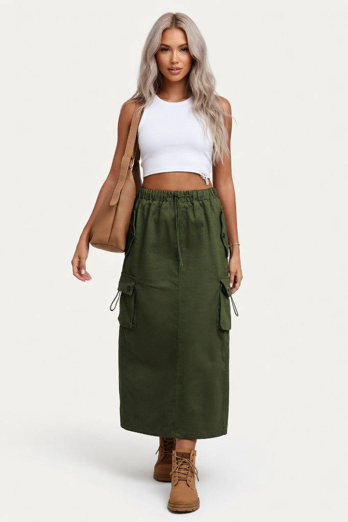 Drawstring Denim Work Skirt — Army Green
