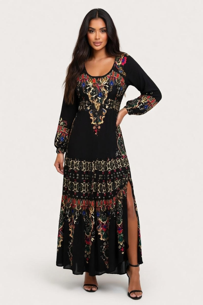 Printed U-Neck Maxi Dress — front view