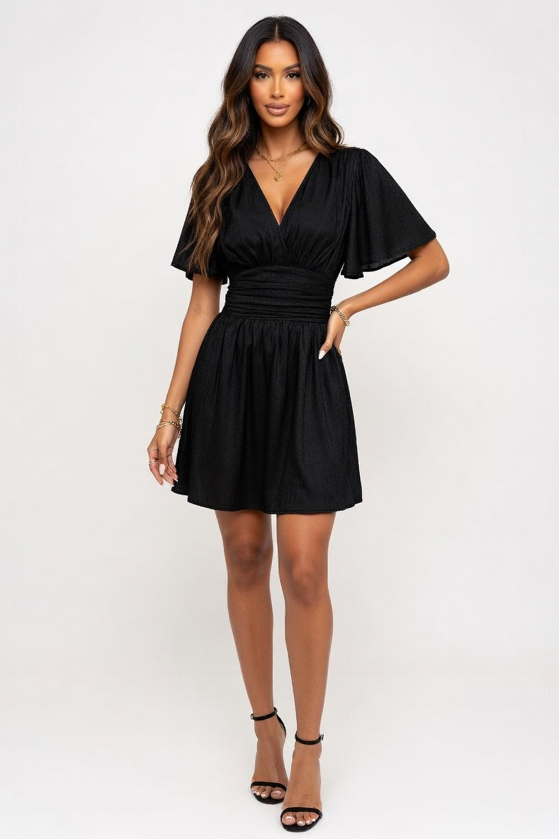 Metallic Ruffle Sleeve Mini Dress — Black