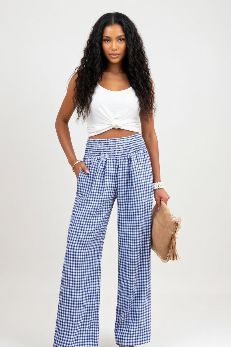 Check Print Wide Leg Trousers — Blue Check