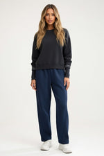 High-Waisted Straight Leg Trousers — Navy Blue