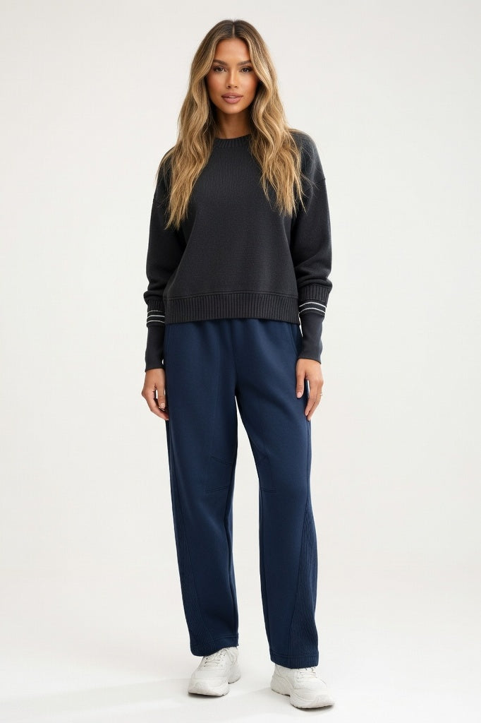 High-Waisted Straight Leg Trousers — Navy Blue