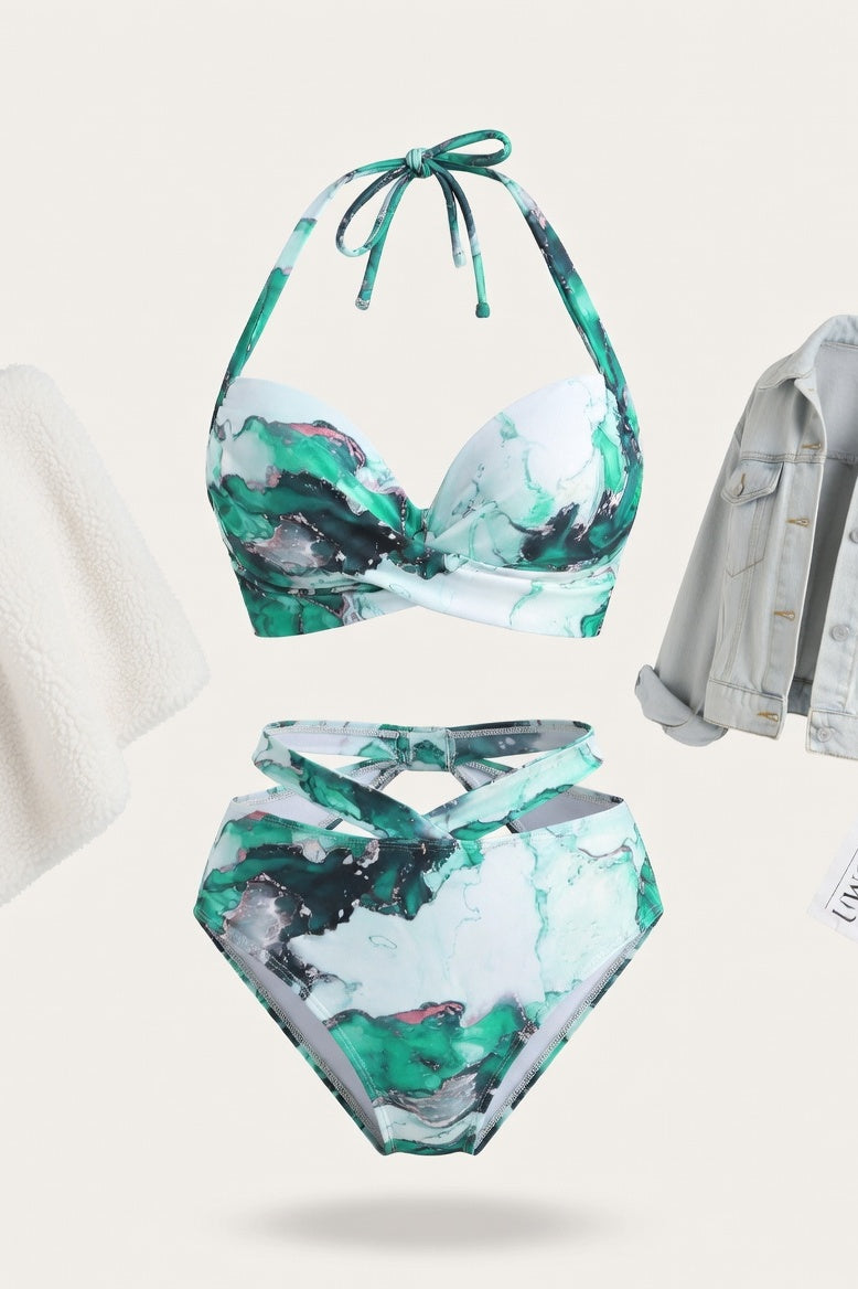 Underwire High Waist Bikini Set — Green Marble