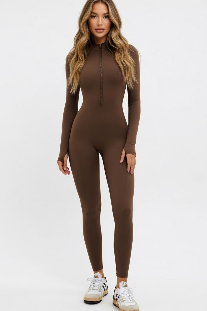 High-Neck Zip Bodysuit — Dark Mocha